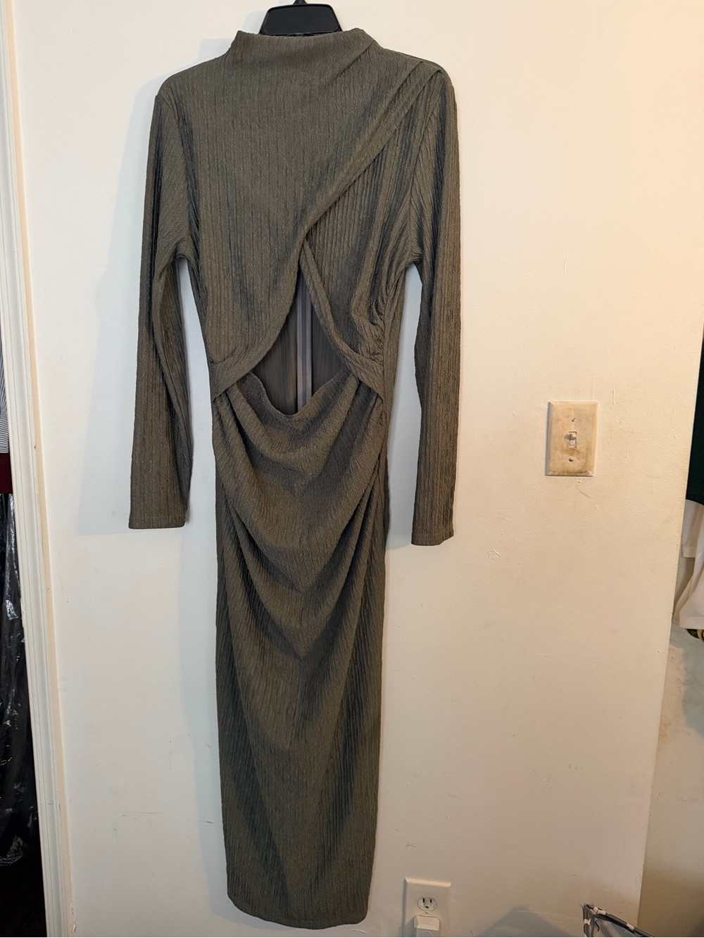 Long Sleeve Olive Green Cutout Midi Dress